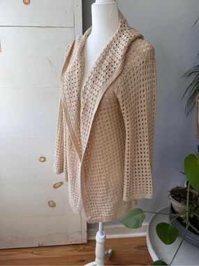Elan Beige Open-Weave Hooded Crochet Sweater